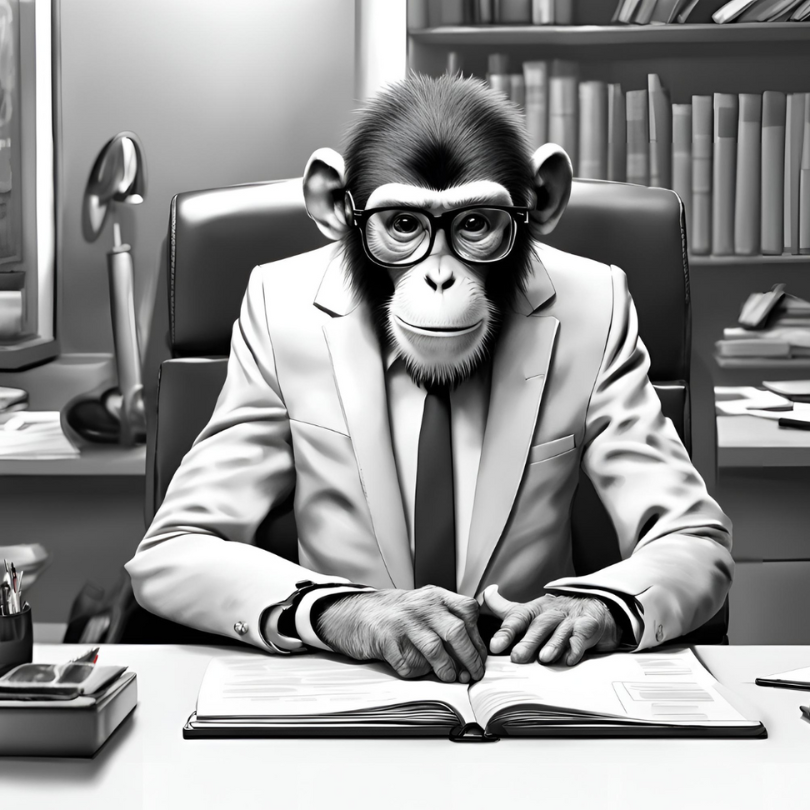 Un chimpanzé portant des lunettes et un costume est assis à un bureau, regardant un livre ouvert dans un cadre de bureau, apparemment prêt à planifier sa succession.