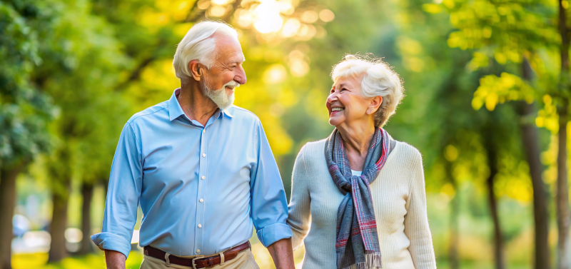 Un couple de personnes âgées, tous deux aux cheveux blancs, marche main dans la main dans un parc aux arbres verts et au soleil filtrant à travers. En se souriant, ils réfléchissent à leur vie paisible, fruit d'une planification minutieuse de la retraite.