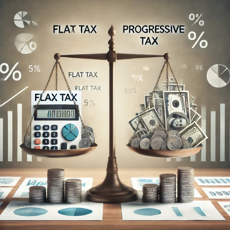 Une balance équilibre délicatement les symboles de la flat tax d'un côté et les symboles de l'impôt progressif de l'autre, au milieu d'une rafale de papiers, de pièces de monnaie et de graphiques, illustrant le bras de fer financier.