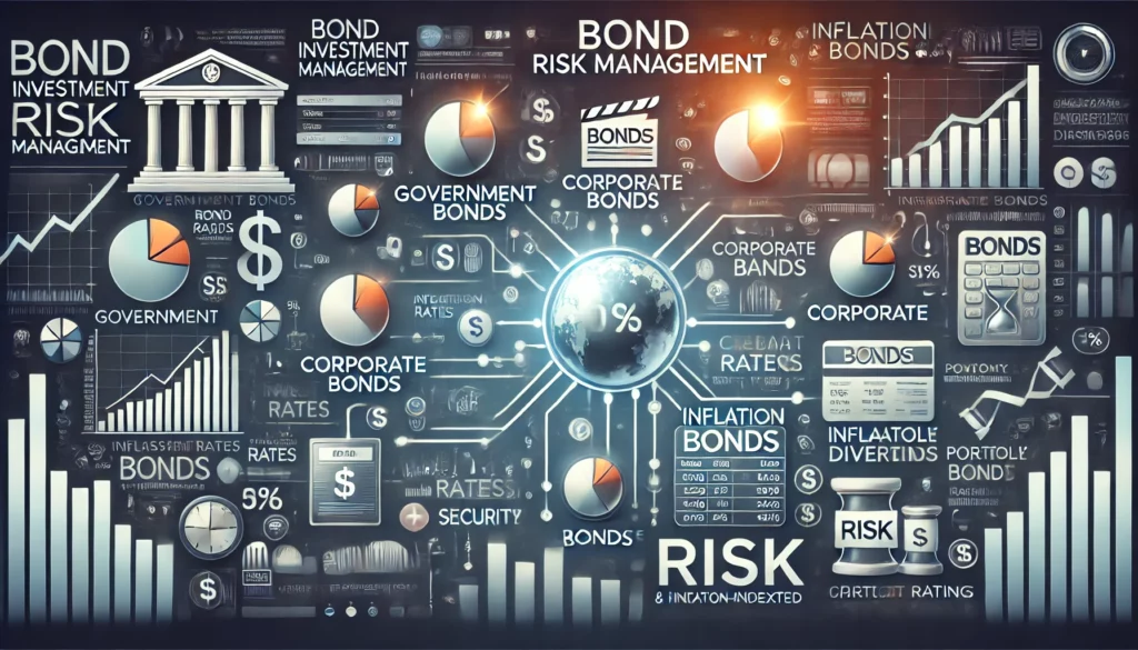 Infographie présentant divers aspects de l'investissement obligataire, notamment les types, la gestion des risques, les taux et les impacts de l'inflation. Idéal pour ceux qui cherchent à investir dans les obligations. Comprend des tableaux, des graphiques et des icônes pour simplifier les concepts complexes.