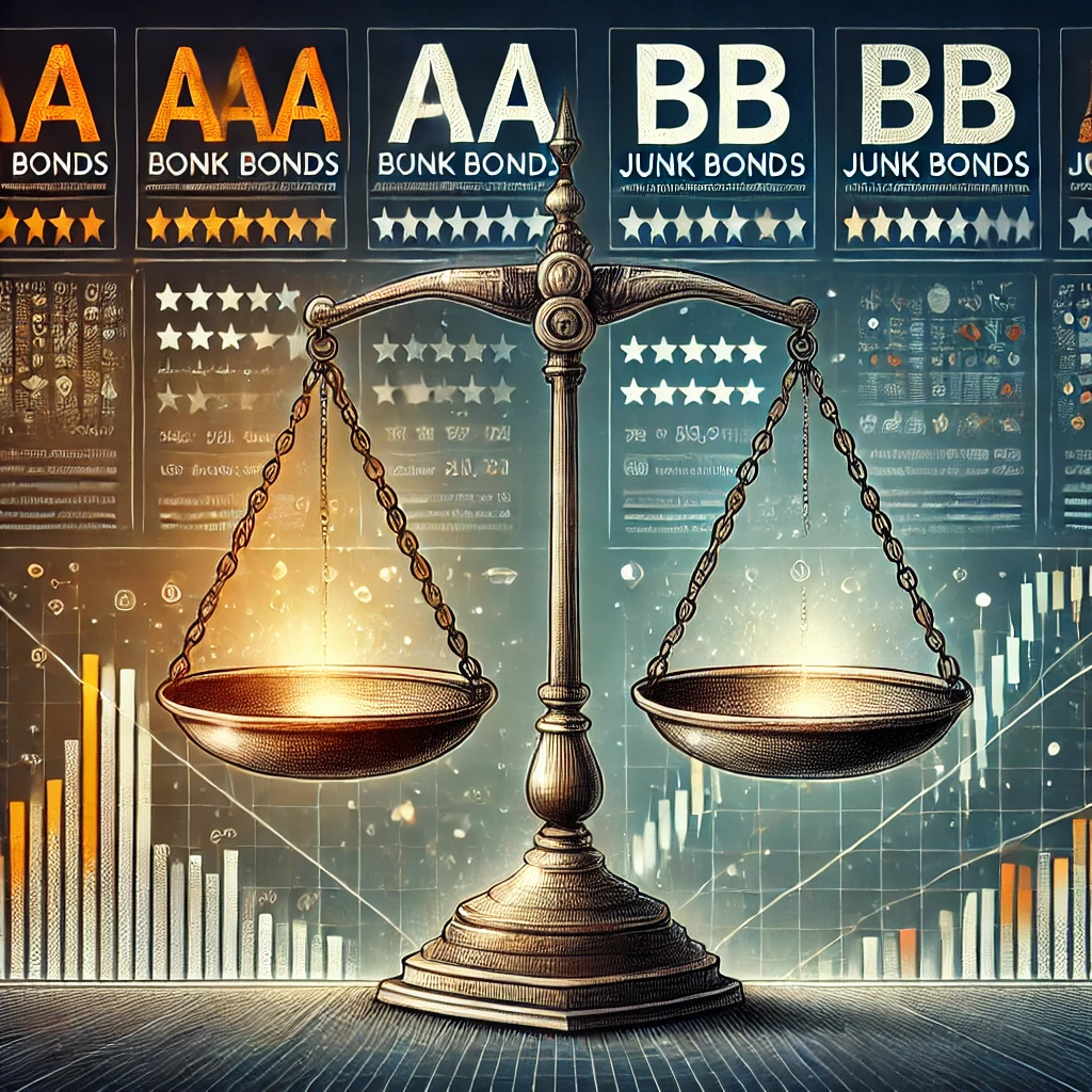 Une échelle équilibrée sur fond de notations obligataires (AAA, AA, BB) et de graphiques financiers symbolise le processus complexe d'évaluation des investissements, soulignant l'importance d'investir dans les obligations.