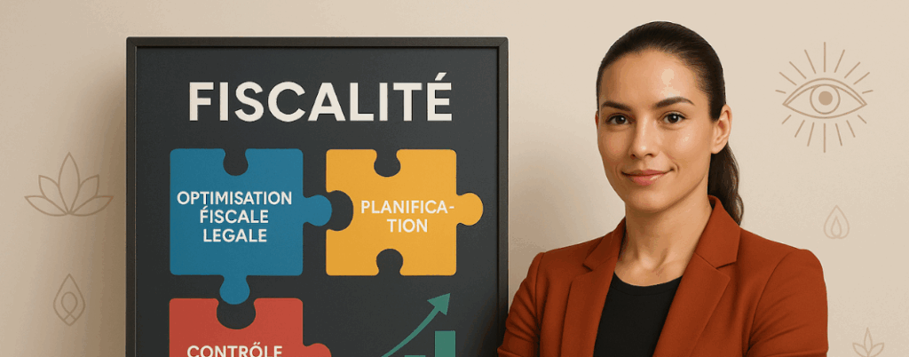 Une femme vêtue d'un blazer couleur rouille se tient à côté d'un panneau fiscalité présentant l'optimisation fiscale, la planification fiscale légale et le contrôle financier en français, accompagné d'une illustration de graphique de croissance ascendante.