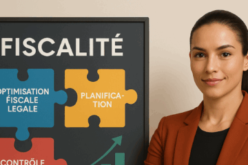 Une femme vêtue d'un blazer couleur rouille se tient à côté d'un panneau fiscalité présentant l'optimisation fiscale, la planification fiscale légale et le contrôle financier en français, accompagné d'une illustration de graphique de croissance ascendante.