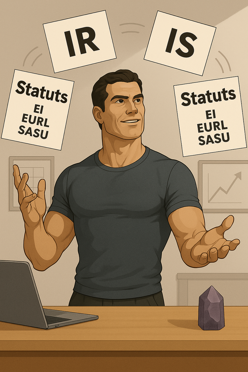 Un homme se tient derrière un bureau, un ordinateur portable et un cristal, jonglant avec quatre panneaux étiquetés IR, IS, Statuts EI EURL SASU. Un graphique en arrière-plan suggère qu'il se concentre sur l'optimisation fiscale pour la réussite de son entreprise.