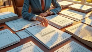 Une personne en tenue professionnelle examine et organise des piles de documents sur un grand bureau en bois dans un bureau bien éclairé, s'assurant que tous les documents sont en ordre pour protéger ses proches en cas d'incapacité de travail.