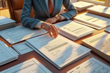 Une personne en tenue professionnelle examine et organise des piles de documents sur un grand bureau en bois dans un bureau bien éclairé, s'assurant que tous les documents sont en ordre pour protéger ses proches en cas d'incapacité de travail.