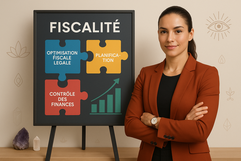 Une femme vêtue d'un blazer couleur rouille se tient à côté d'un panneau fiscalité présentant l'optimisation fiscale, la planification fiscale légale et le contrôle financier en français, accompagné d'une illustration de graphique de croissance ascendante.