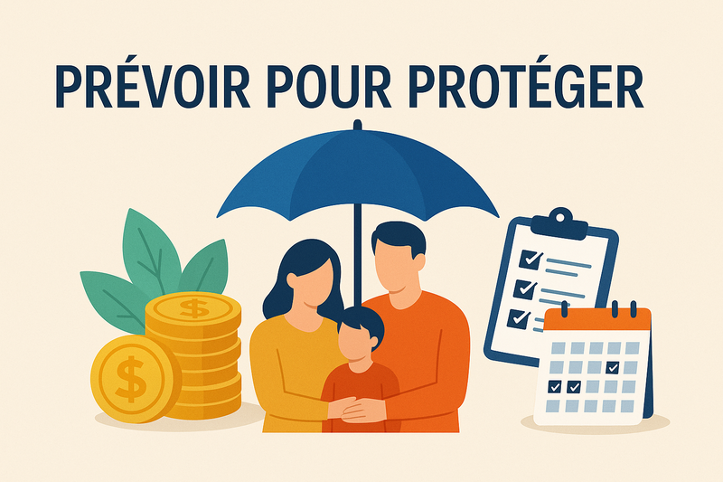 Illustration d’une famille sous un parapluie, avec des pièces de monnaie, une liste de contrôle et un calendrier, sous le texte français « Prévoir pour protéger » pour rappeler l’importance de protéger ses proches en cas d’invalidité.