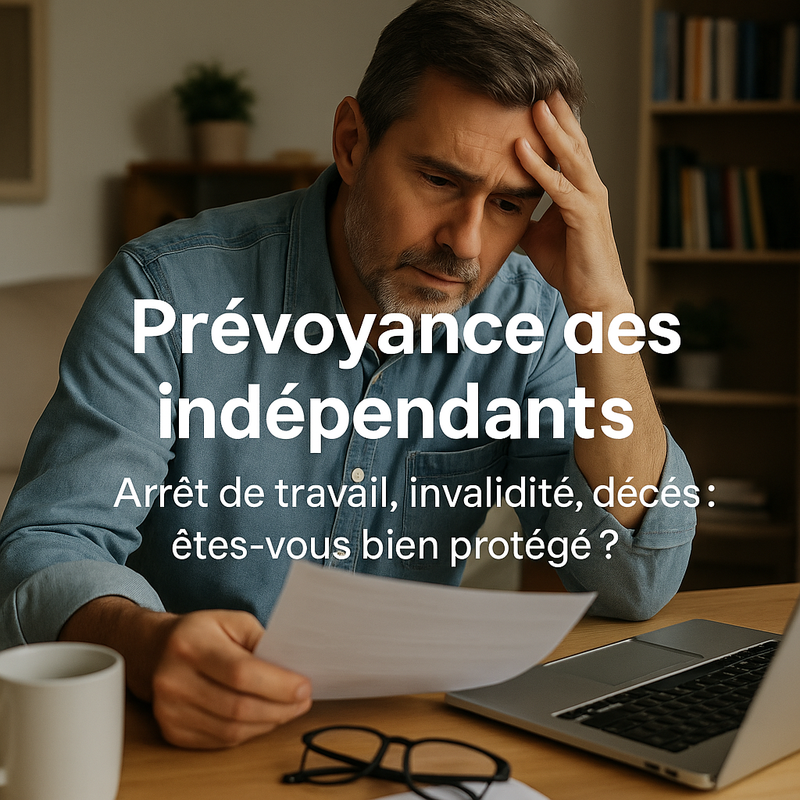 Un homme est assis à un bureau et regarde un document, avec un texte en français sur l'assurance et l'optimisation fiscale pour les travailleurs indépendants affiché sur l'image.