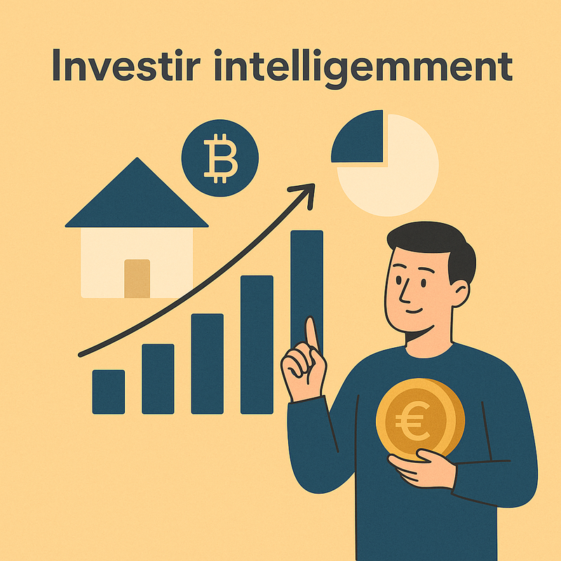 Une personne tient une pièce d'un euro à côté d'icônes d'une maison, d'un bitcoin, d'un graphique à secteurs et d'un graphique à barres ascendantes, avec le texte français « Optimisation fiscale et investir intelligemment » au-dessus.