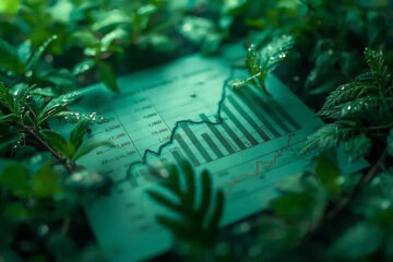 Illustration représentant un graphique financier intégré dans un environnement végétal, symbolisant l’investissement responsable et durable et l’intégration des critères ESG.