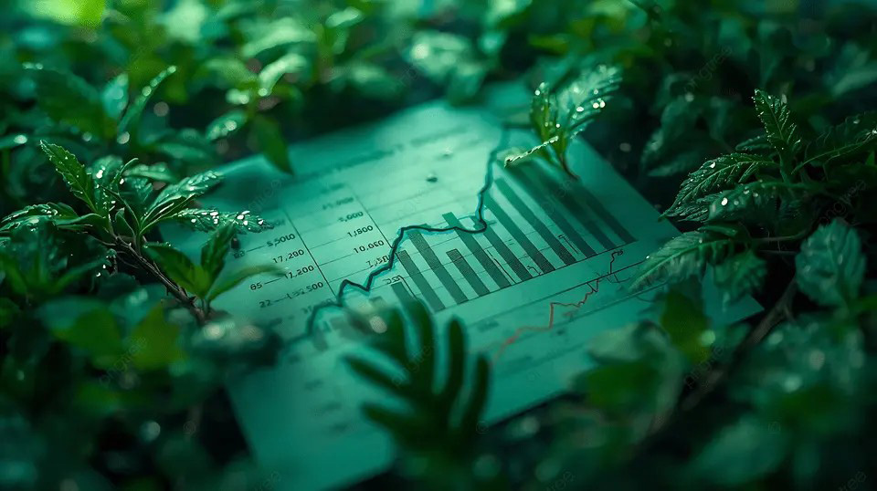Illustration représentant un graphique financier intégré dans un environnement végétal, symbolisant l’investissement responsable et durable et l’intégration des critères ESG.