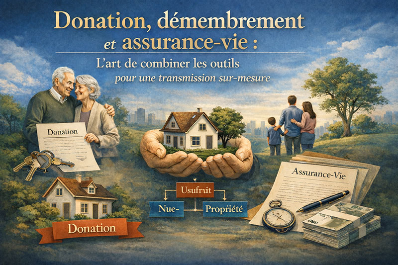 Infographie Wisely Groupe combinant les outils de donation, démembrement de propriété et assurance-vie pour une transmission successorale sur-mesure.