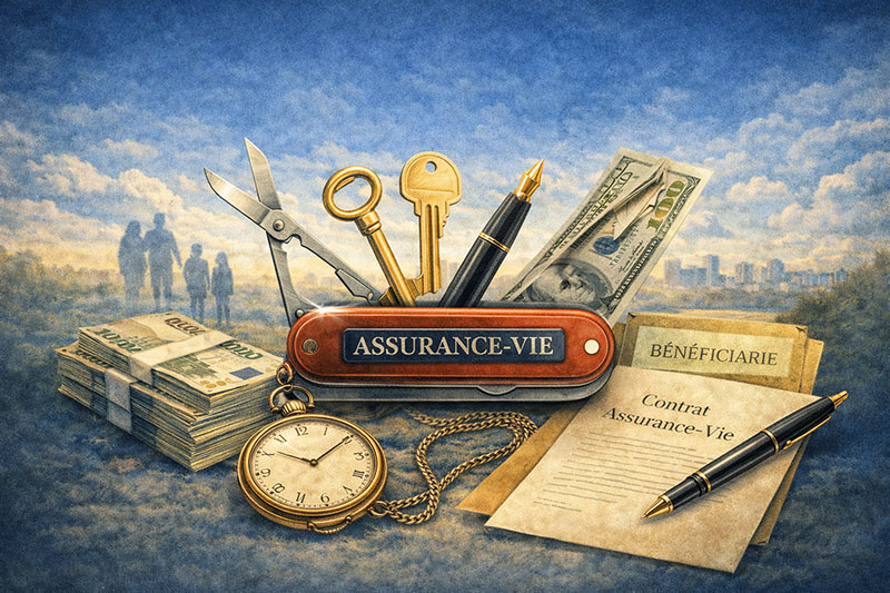 Illustration d'un couteau suisse avec le mot "ASSURANCE-VIE" gravé, symbolisant la polyvalence de l'outil pour la transmission successorale, entouré de billets, d'un contrat et d'un chronomètre.
