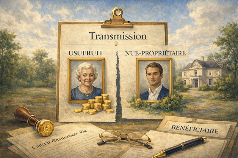 Schéma de démembrement d'une clause bénéficiaire d'assurance-vie séparant l'usufruit (femme senior avec pièces d'or) et la nue-propriété (jeune homme) sur un dossier de transmission ouvert devant un bien immobilier.