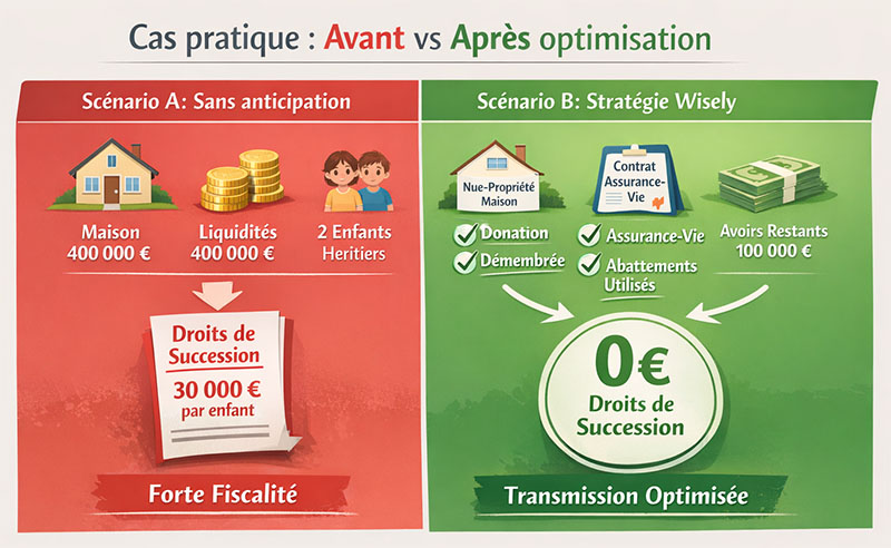Un dossier de transmission est ouvert sur un bureau. Il sépare visuellement deux encadrés dorés. Le premier montre le portrait d'une femme senior avec le titre "USUFRUIT" et des piles de pièces d'or. Le second montre un jeune homme avec le titre "NUE-PROPRIÉTAIRE". En arrière-plan, une demeure en pierre.