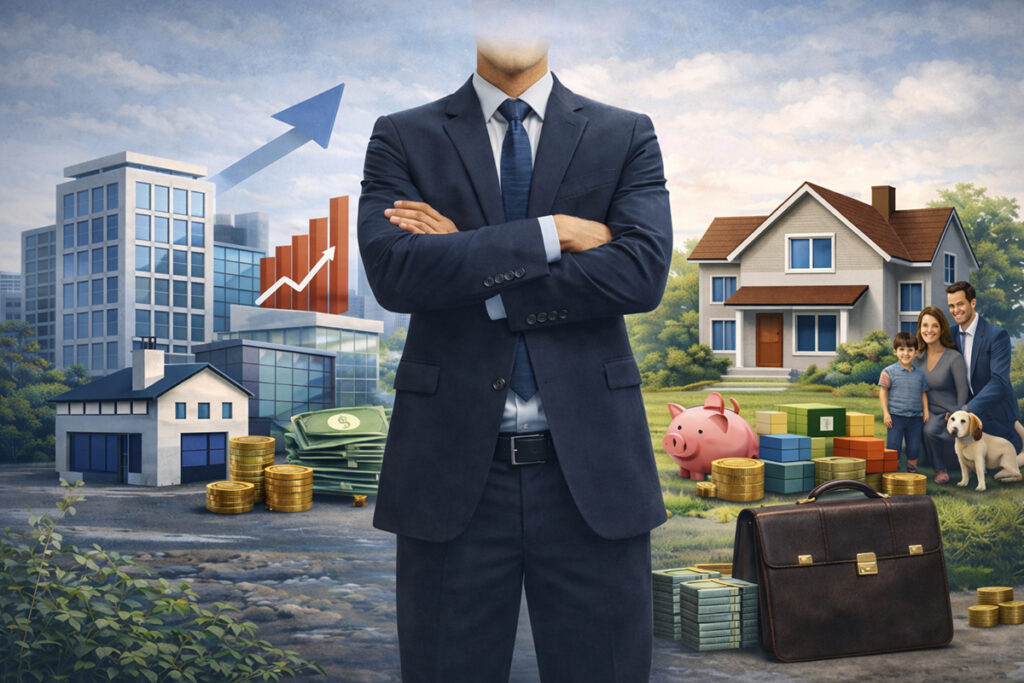 Illustration représentant un dirigeant placé entre patrimoine professionnel (immeubles, entreprise, liquidités) et patrimoine personnel (maison, famille, épargne), symbolisant l’équilibre et la séparation des patrimoines.